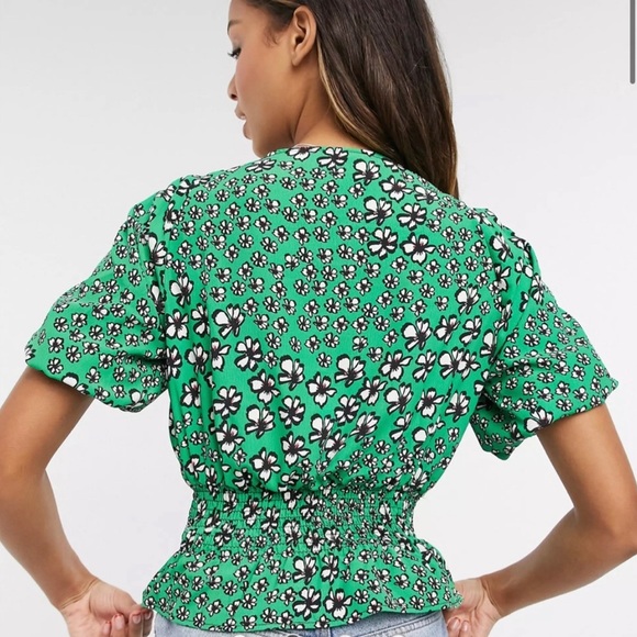 Topshop Green Floral Short Puff Sleeve V-Neck Tie Blouse Cinch Waist Cropped 8 - Picture 3 of 9